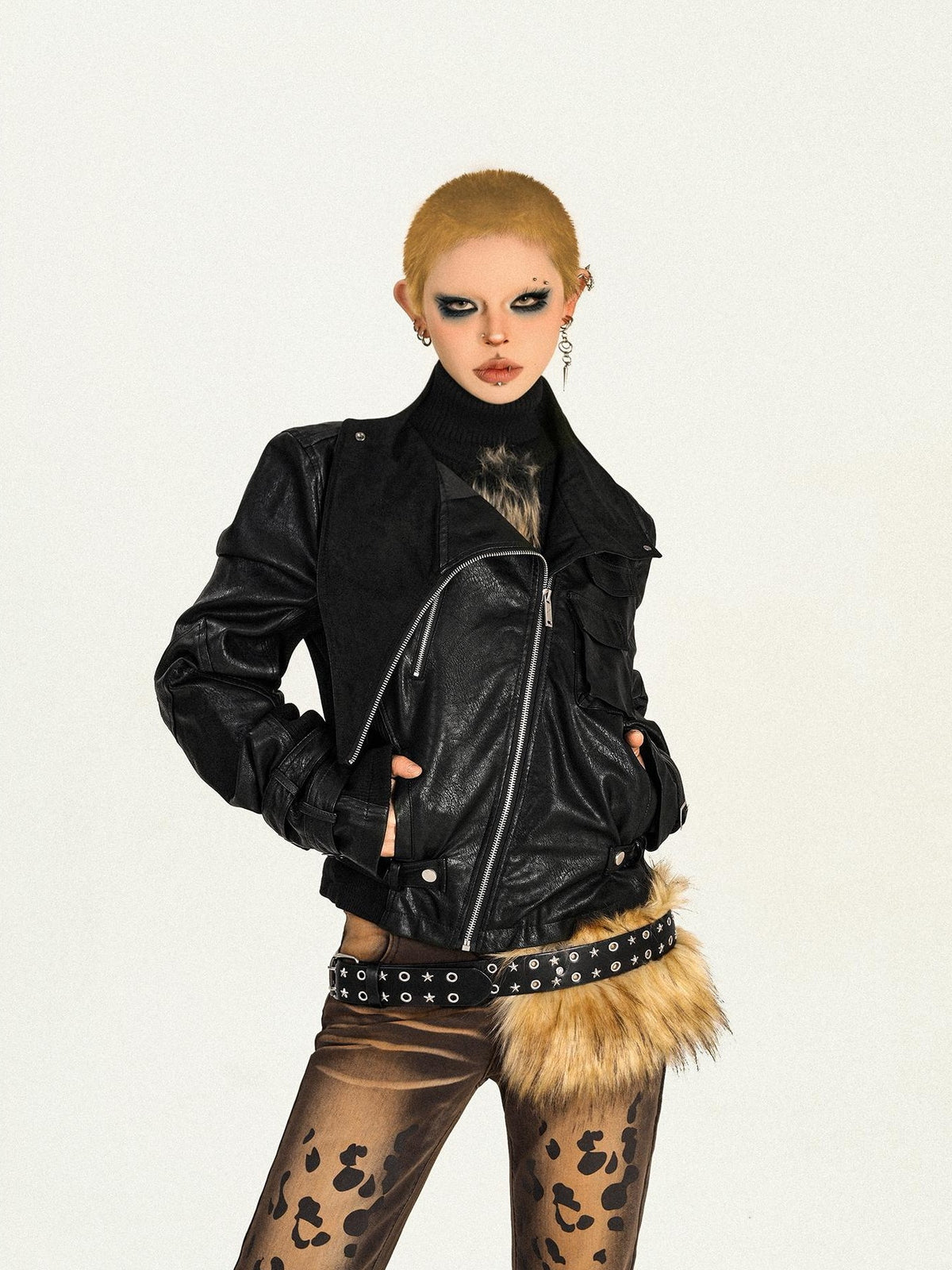 Nico Molly Black Zipper Slim Fit Street Cropped Notched Collar Women&