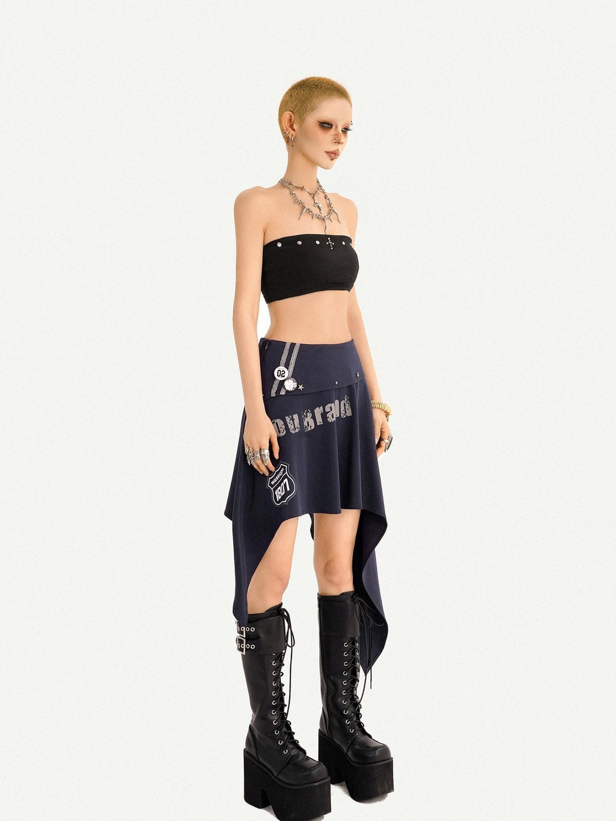 Nico Molly Blue Asymmetrical Hem Vintage Slim Side Zipper Women&