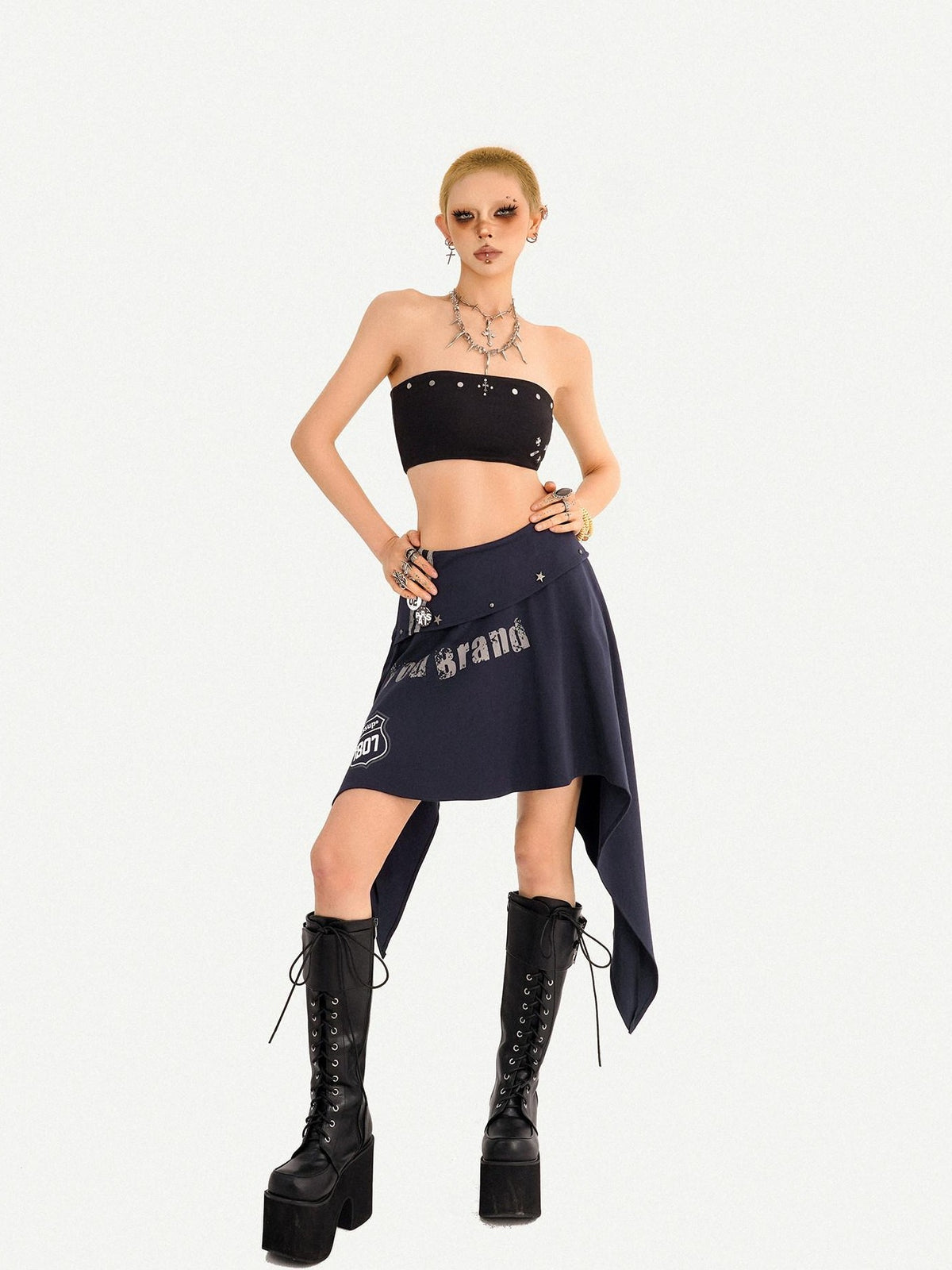Nico Molly Blue Asymmetrical Hem Vintage Slim Side Zipper Women&