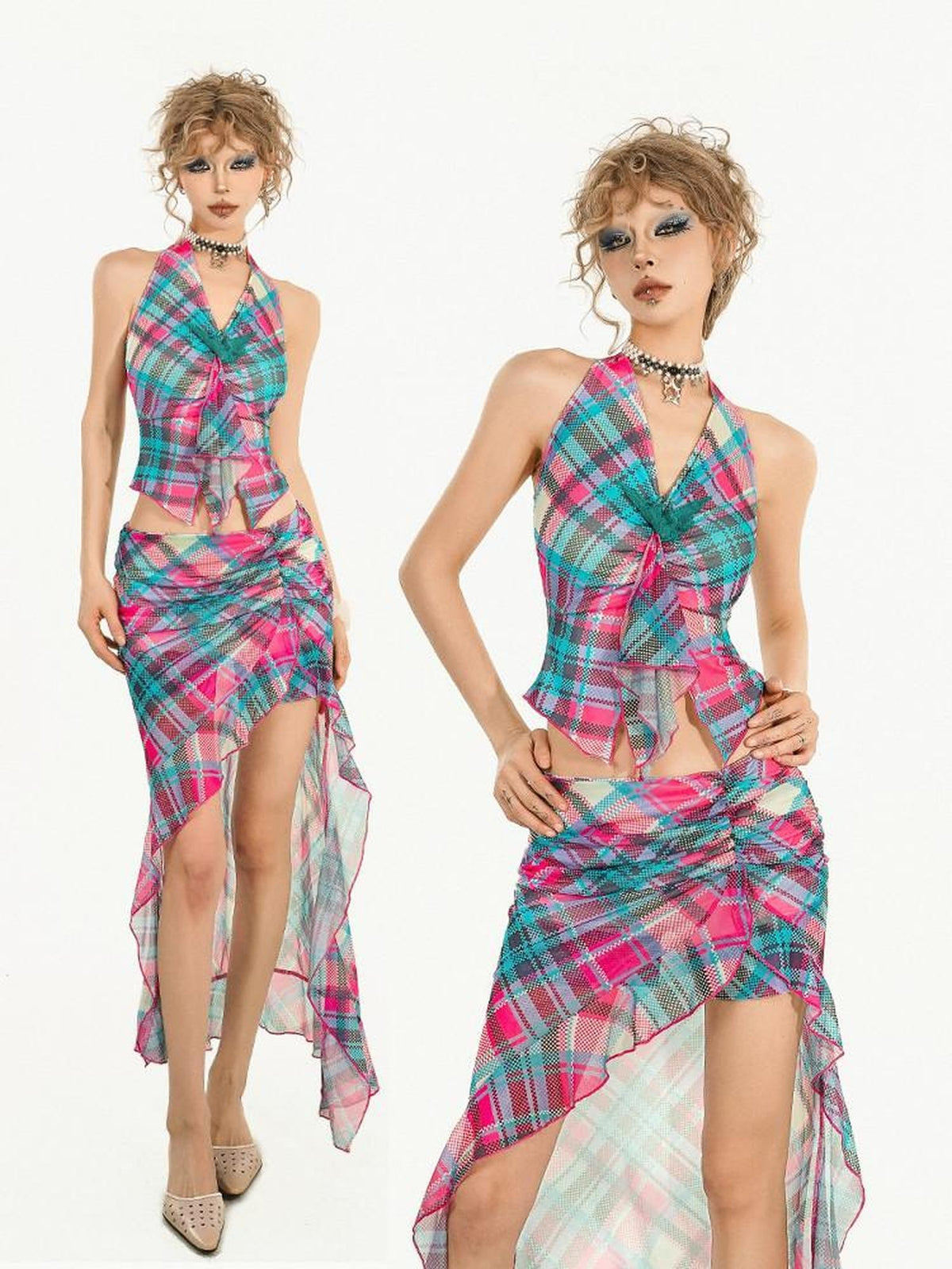 Nico Molly Blue Plaid Halter Tank Sexy Slit Skirt Women&