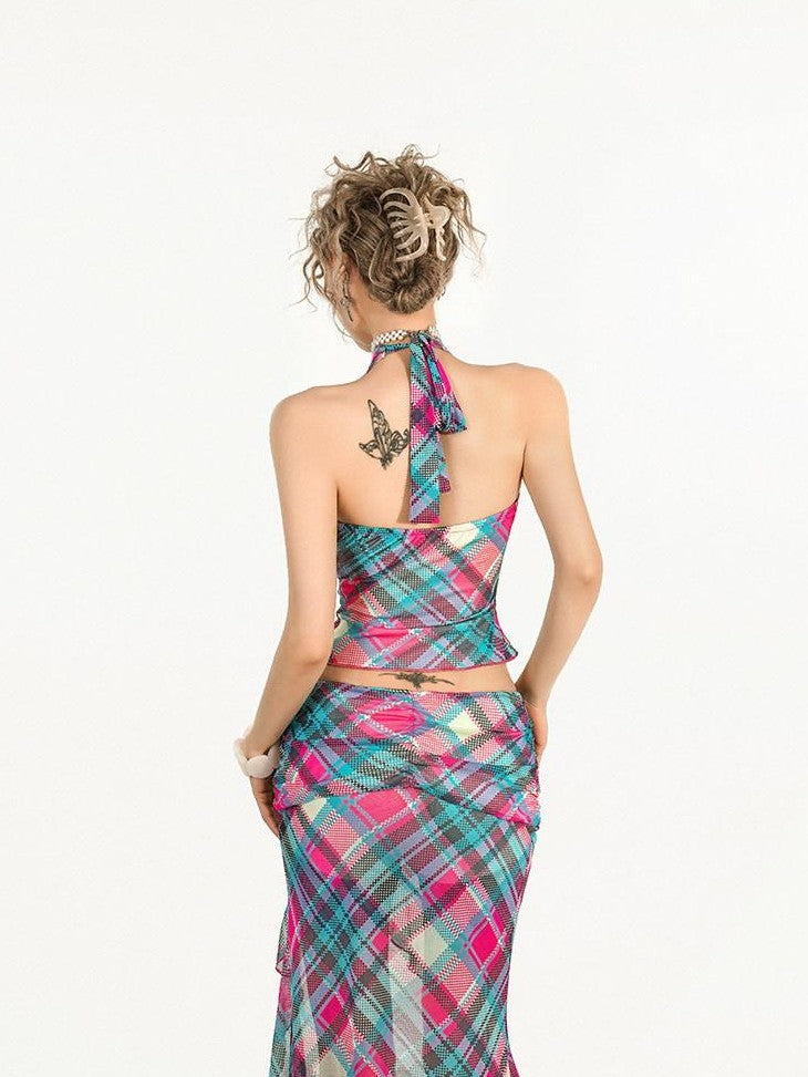 Nico Molly Blue Plaid Halter Tank Sexy Slit Skirt Women&
