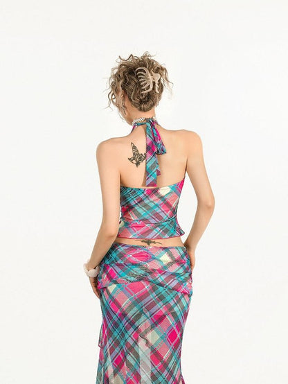 Nico Molly Blue Plaid Halter Tank Sexy Slit Skirt Women&