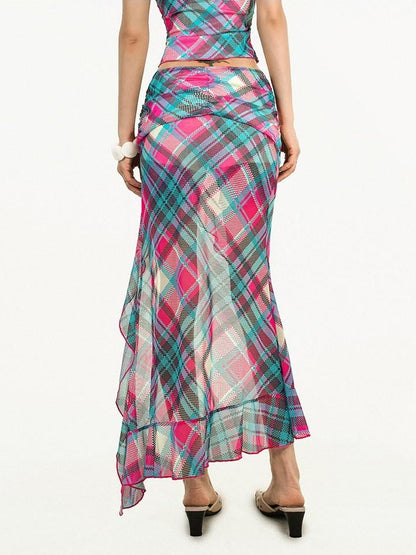 Nico Molly Blue Plaid Halter Tank Sexy Slit Skirt Women&