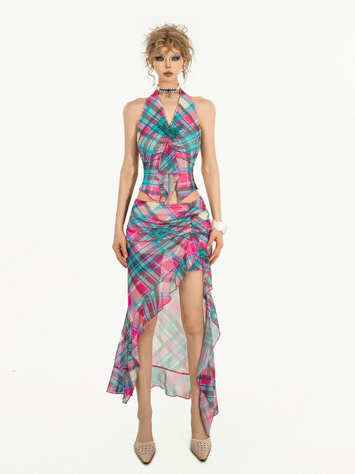 Nico Molly Blue Plaid Halter Tank Sexy Slit Skirt Women&