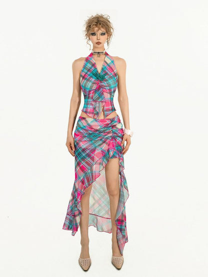 Nico Molly Blue Plaid Halter Tank Sexy Slit Skirt Women&