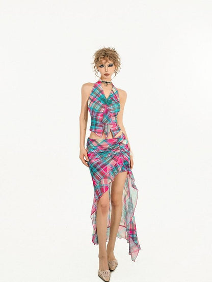 Nico Molly Blue Plaid Halter Tank Sexy Slit Skirt Women&