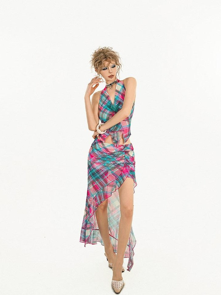 Nico Molly Blue Plaid Halter Tank Sexy Slit Skirt Women&