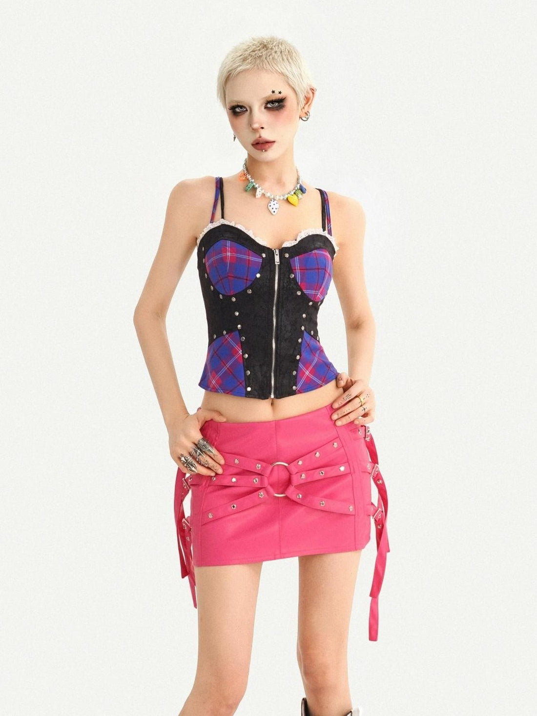 Nico Molly Blue Plaid Studded Patchwork Zipper U Neck Slim Women&