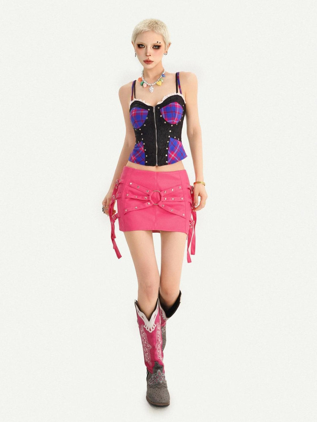 Nico Molly Blue Plaid Studded Patchwork Zipper U Neck Slim Women&