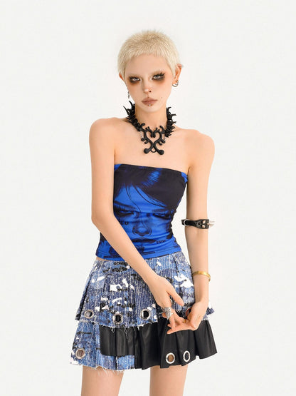 Nico Molly Blue Printed Slim Fit Cropped Punk Slimming Women&