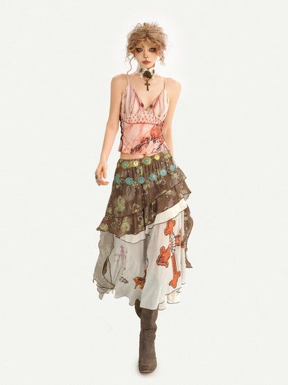 Nico Molly Bohemian Oil Painting Print Pleated Irregular Patchwork Women&