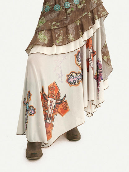 Nico Molly Bohemian Oil Painting Print Pleated Irregular Patchwork Women&