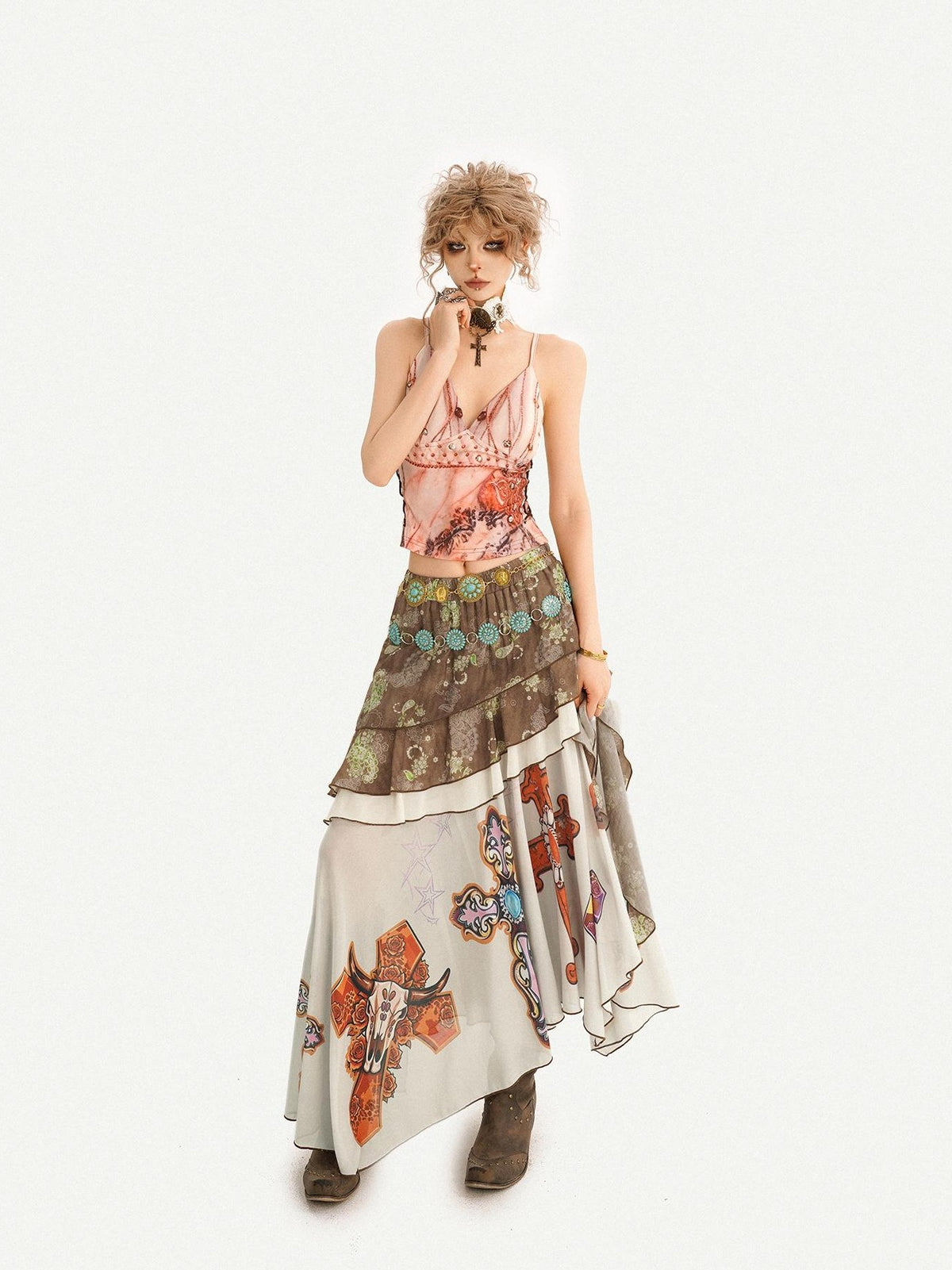 Nico Molly Bohemian Oil Painting Print Pleated Irregular Patchwork Women&