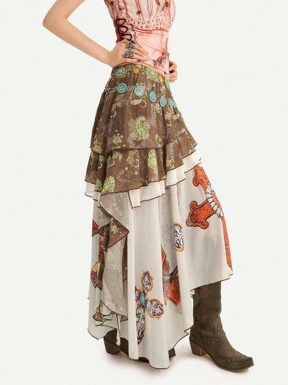 Nico Molly Bohemian Oil Painting Print Pleated Irregular Patchwork Women&