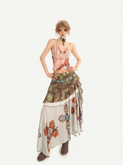 Nico Molly Bohemian Oil Painting Print Pleated Irregular Patchwork Women&