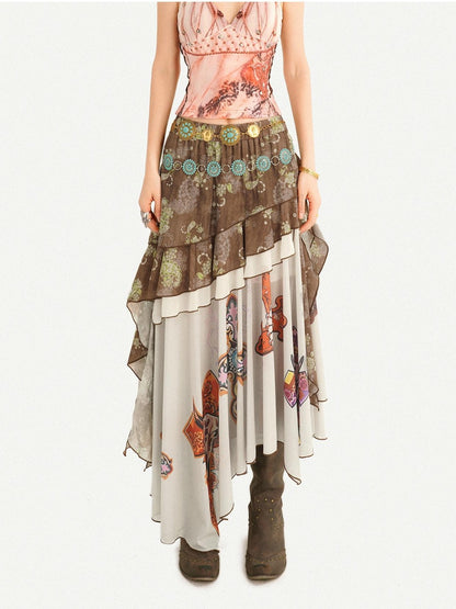 Nico Molly Bohemian Oil Painting Print Pleated Irregular Patchwork Women&