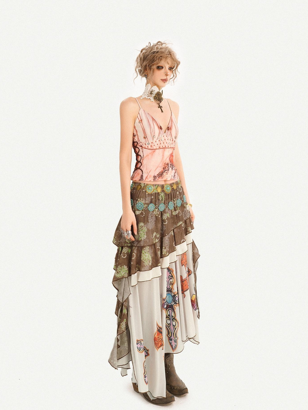 Nico Molly Bohemian Oil Painting Print Pleated Irregular Patchwork Women&