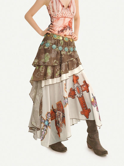 Nico Molly Bohemian Oil Painting Print Pleated Irregular Patchwork Women&