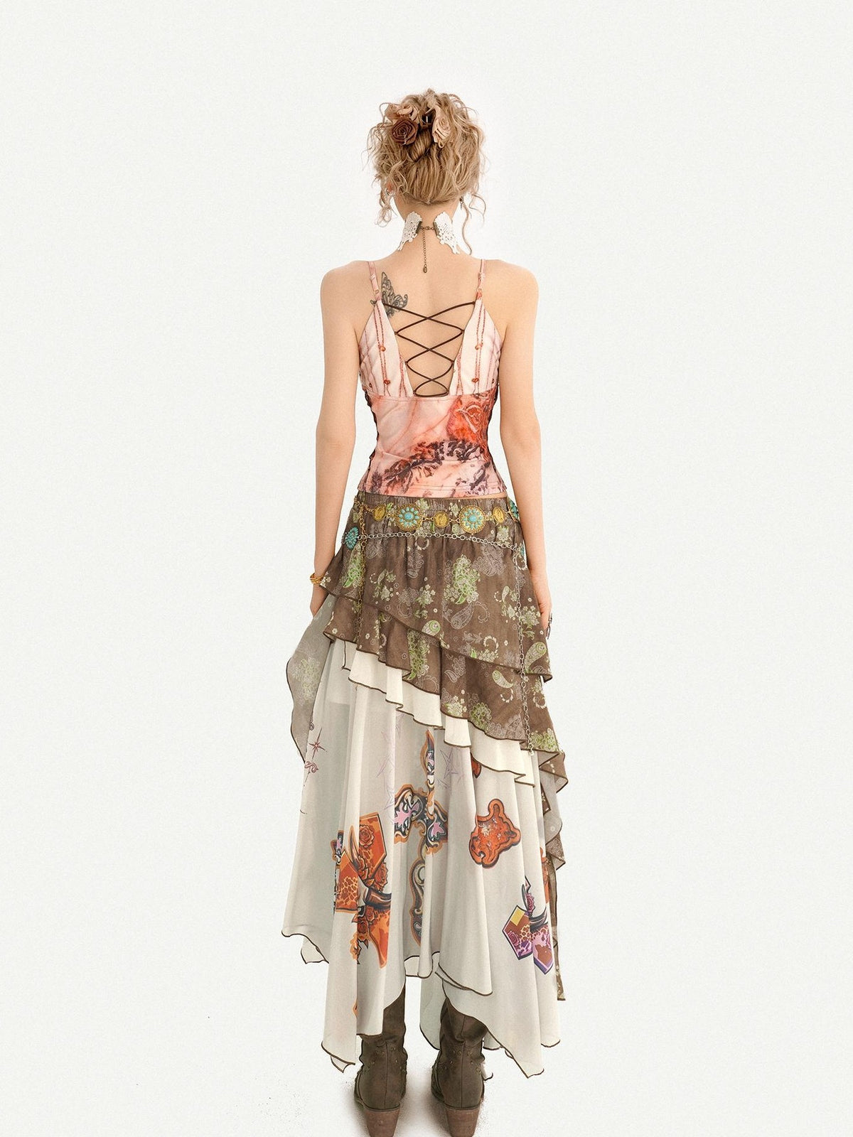 Nico Molly Bohemian Oil Painting Print Pleated Irregular Patchwork Women&