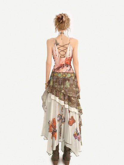 Nico Molly Bohemian Oil Painting Print Pleated Irregular Patchwork Women&