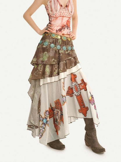 Nico Molly Bohemian Oil Painting Print Pleated Irregular Patchwork Women&
