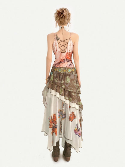 Nico Molly Bohemian Oil Painting Print Pleated Irregular Patchwork Women&