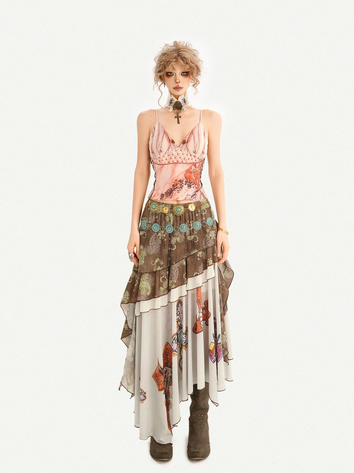 Nico Molly Bohemian Oil Painting Print Pleated Irregular Patchwork Women&