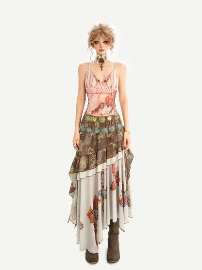 Nico Molly Bohemian Oil Painting Print Pleated Irregular Patchwork Women&