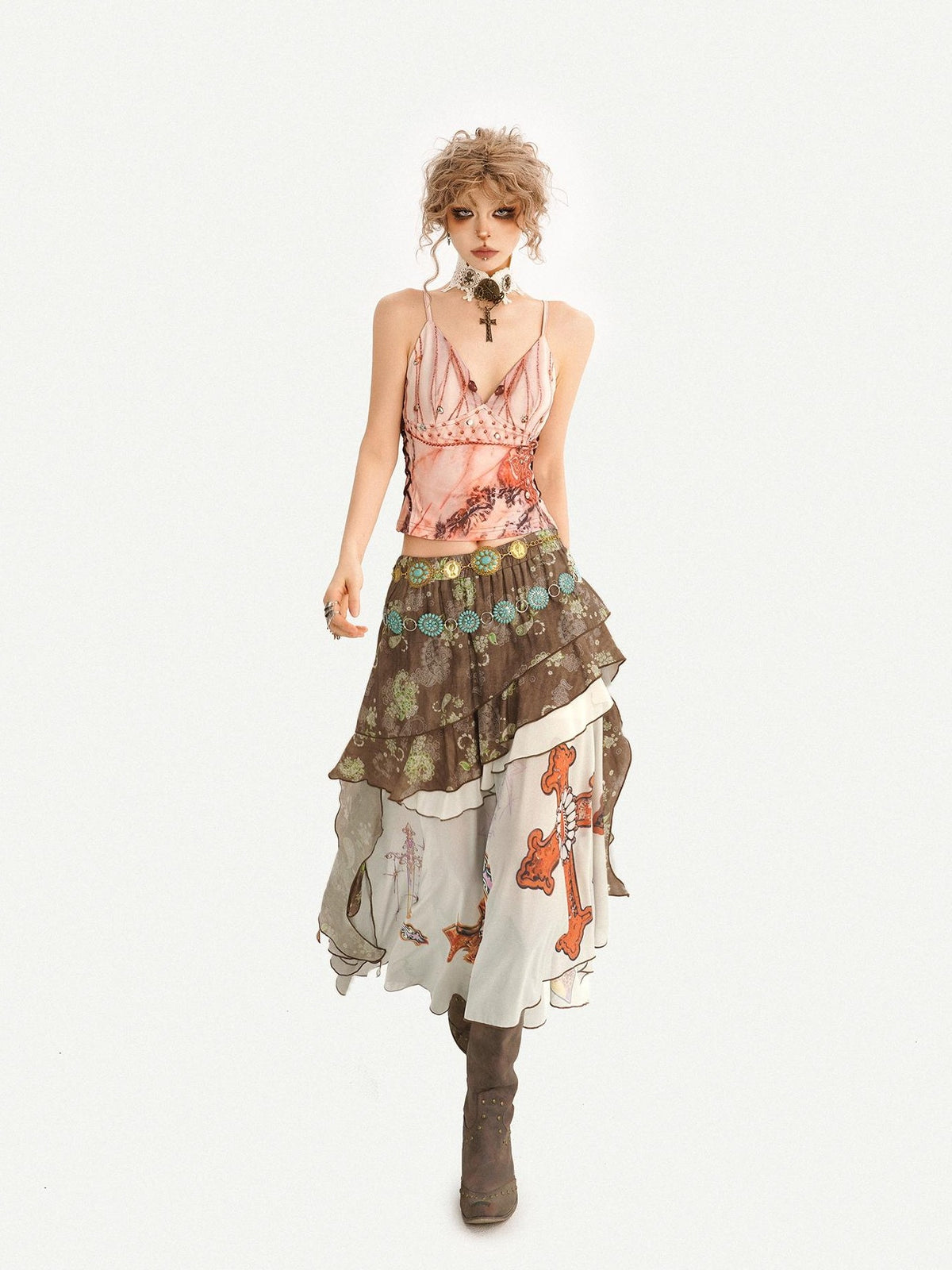 Nico Molly Bohemian Oil Painting Print Pleated Irregular Patchwork Women&