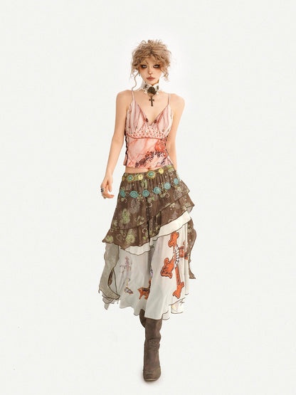 Nico Molly Bohemian Oil Painting Print Pleated Irregular Patchwork Women&