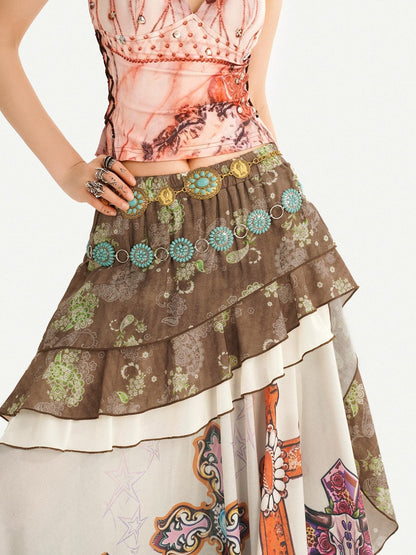 Nico Molly Bohemian Oil Painting Print Pleated Irregular Patchwork Women&