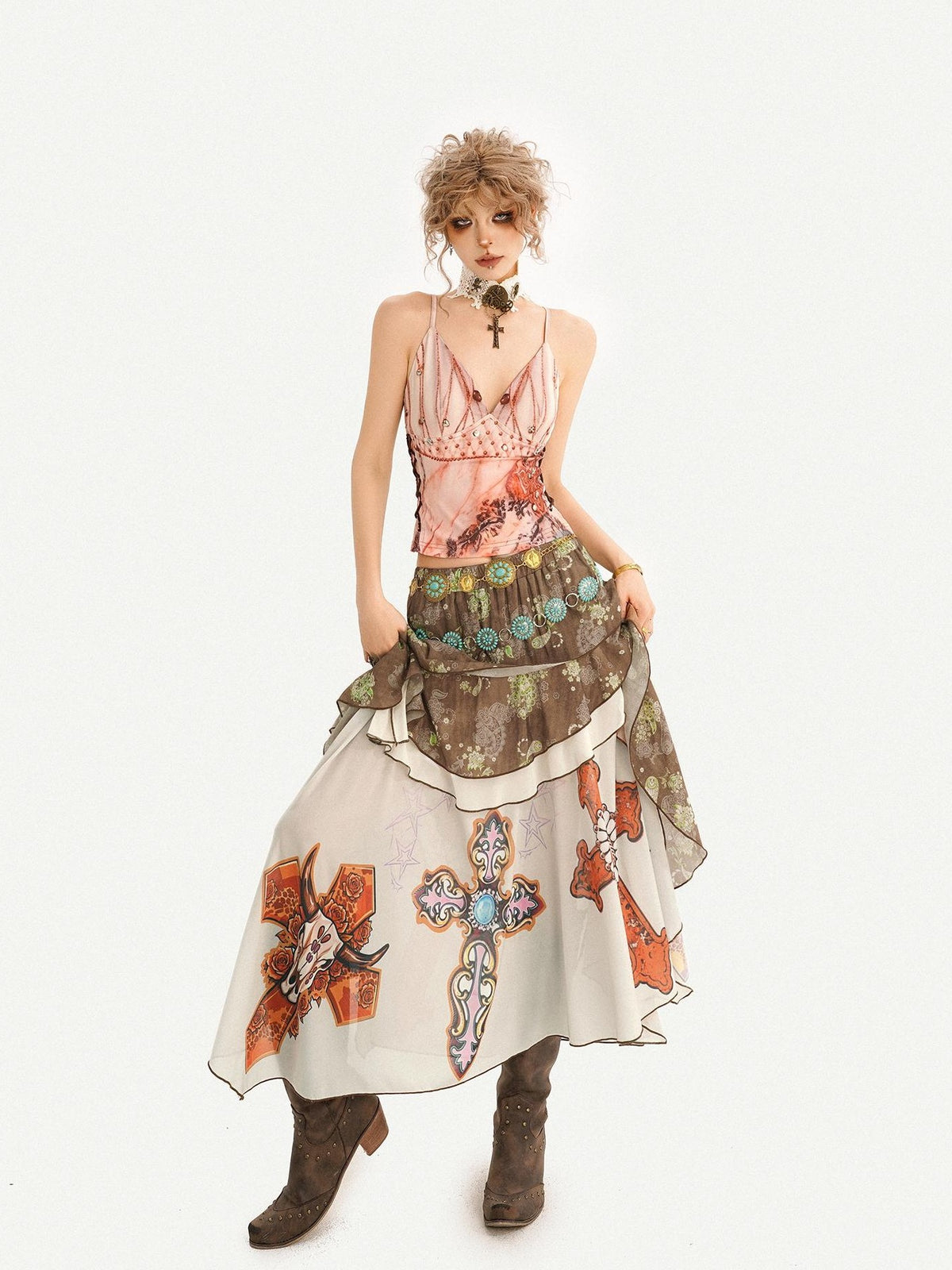 Nico Molly Bohemian Oil Painting Print Pleated Irregular Patchwork Women&