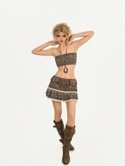 Nico Molly Brown Floral Spliced Fitted Cropped Original Sexy Women&