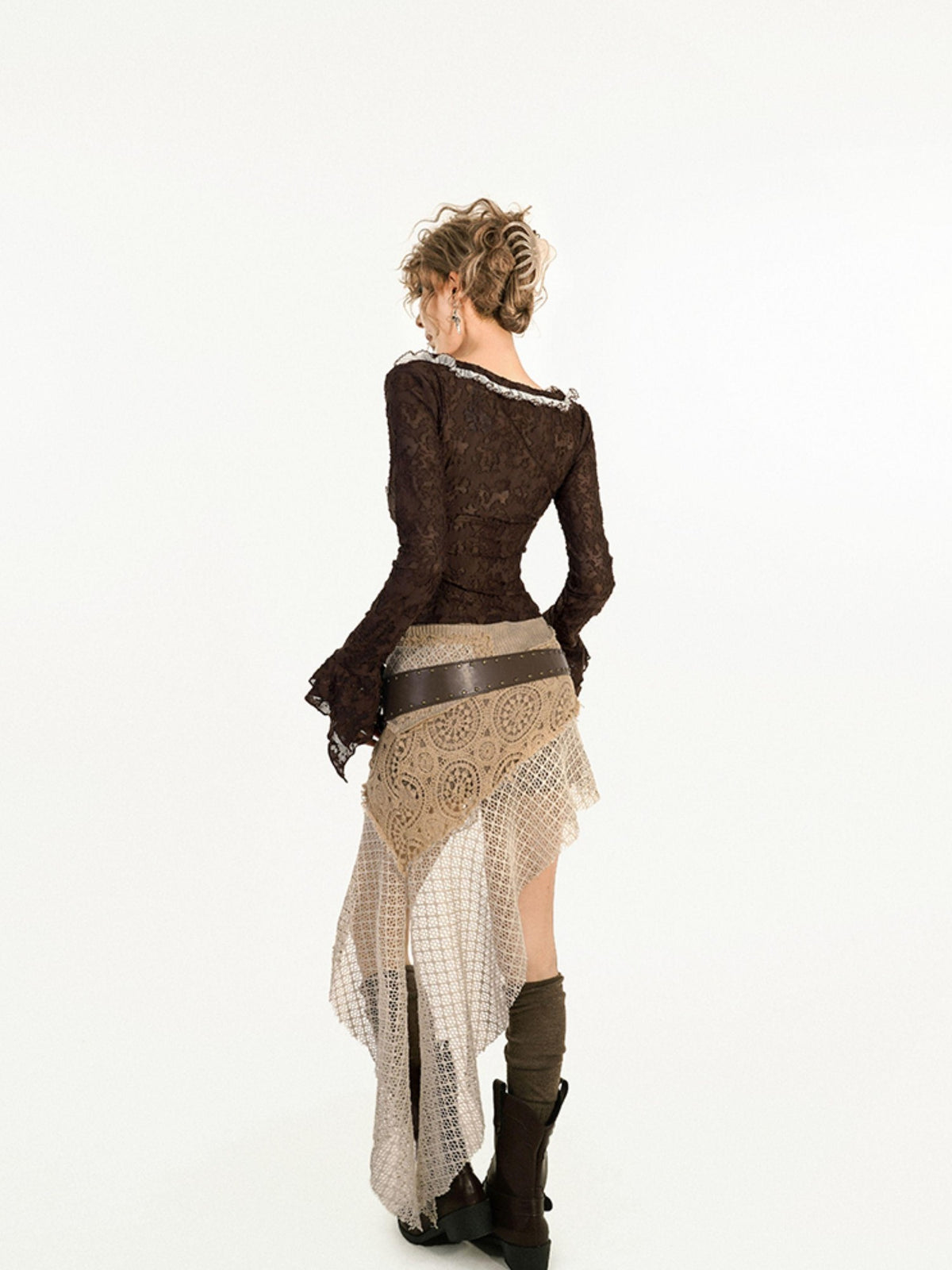Nico Molly Brown Lace Patchwork V-neck Tie Slim Women&