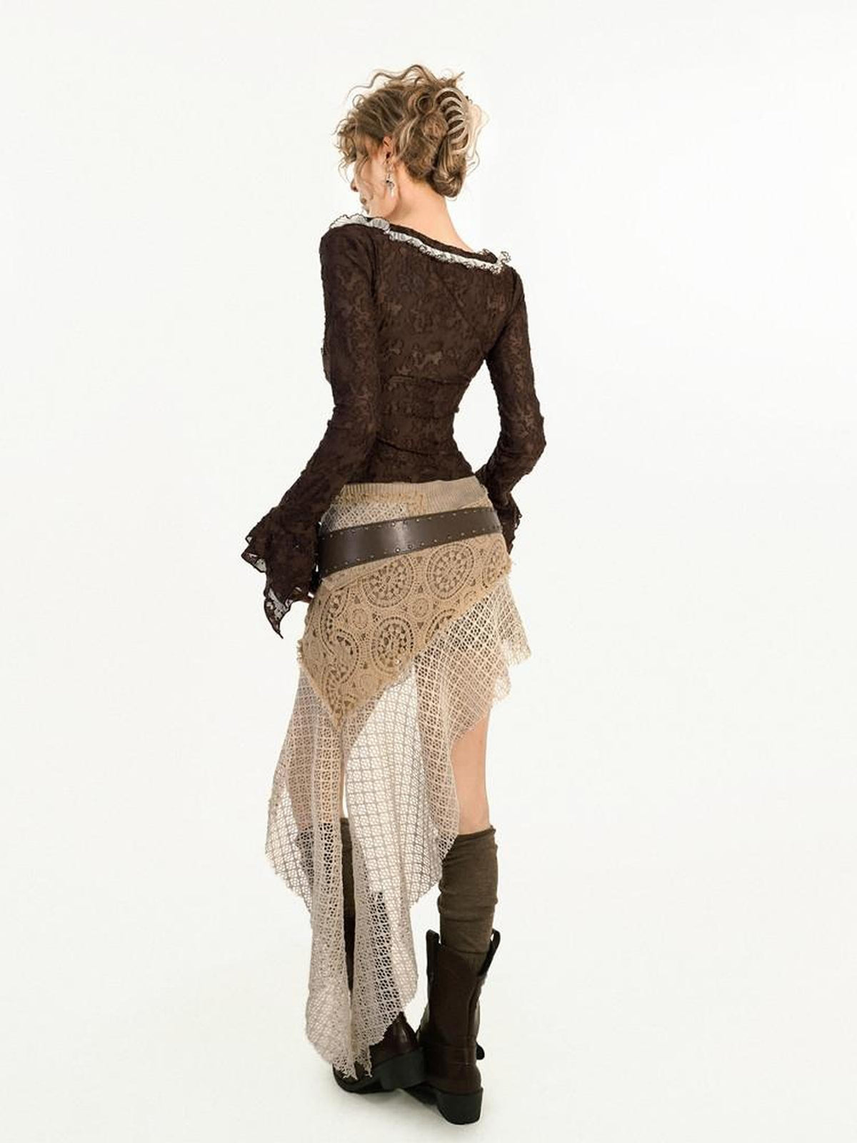 Nico Molly Brown Lace Patchwork V-neck Tie Slim Women&