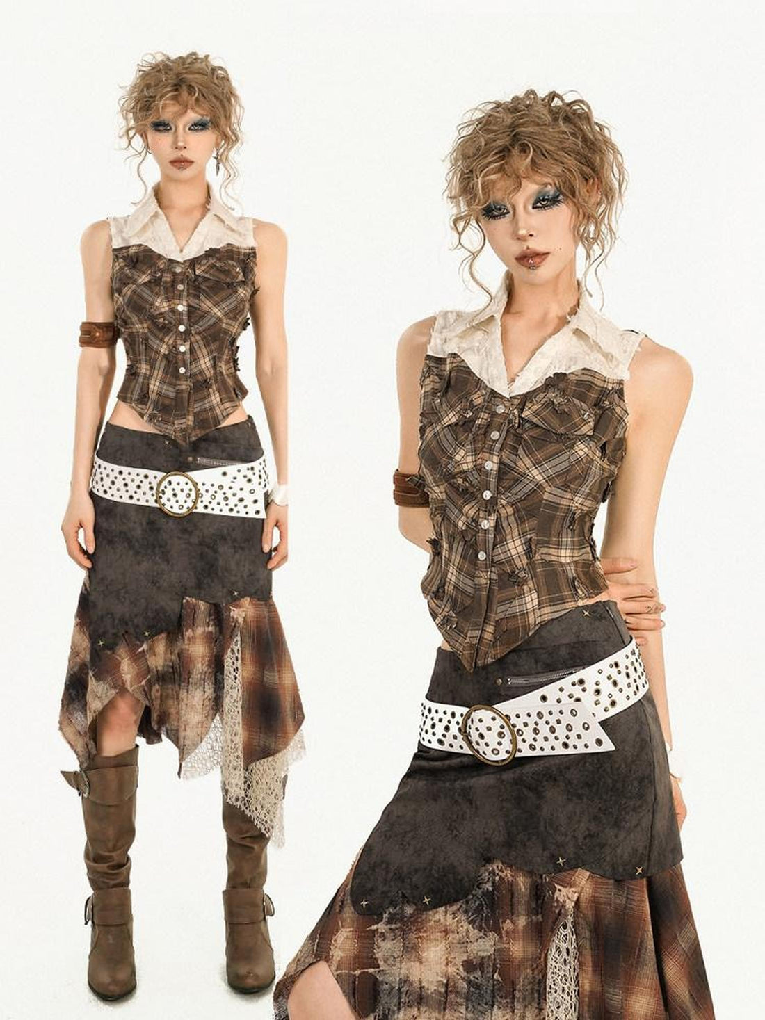 Nico Molly Brown Plaid Patchwork Grunge Sleeveless Lapel Slim Women&
