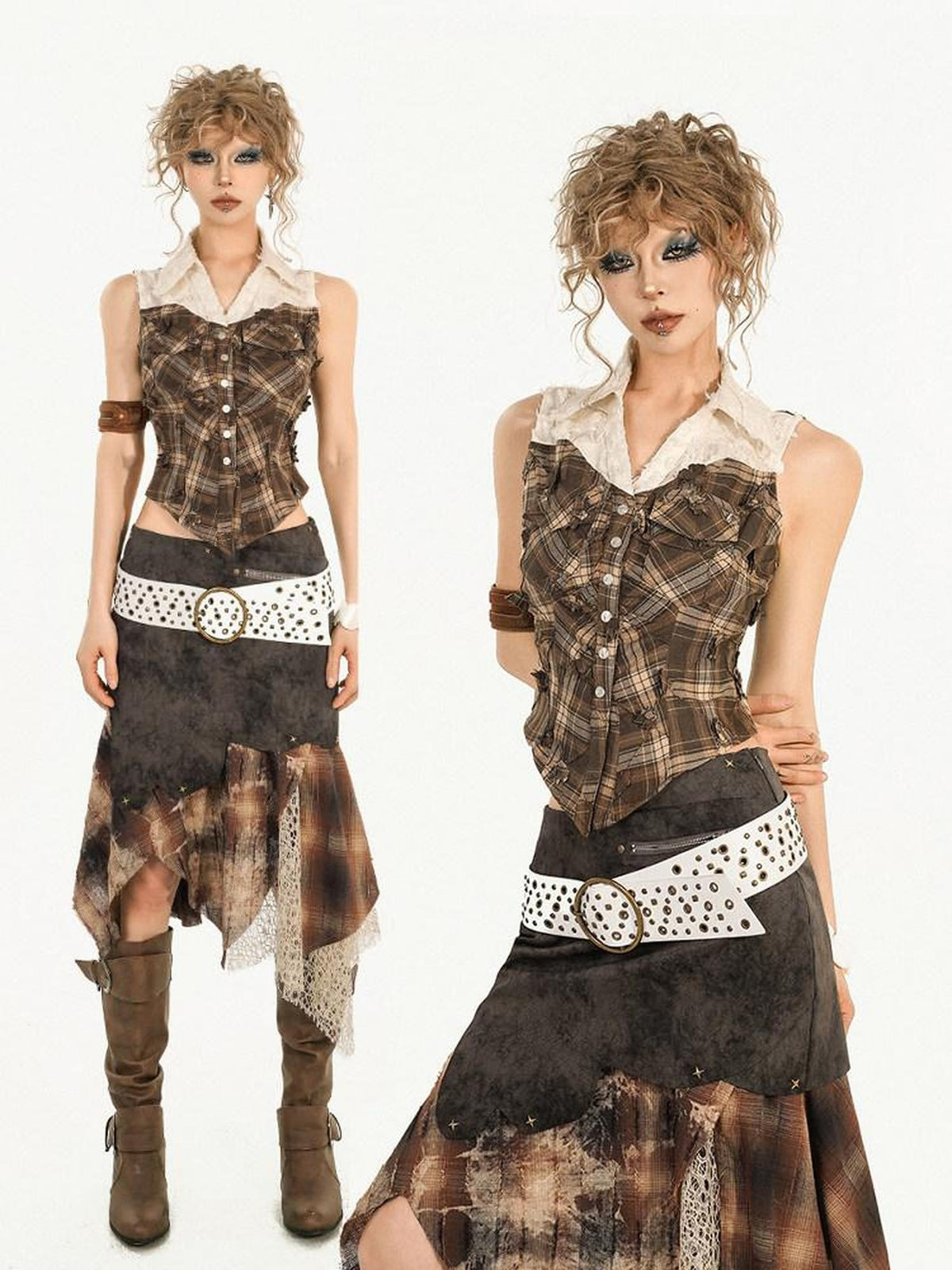 Nico Molly Brown Plaid Patchwork Grunge Sleeveless Lapel Slim Women&