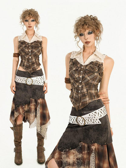 Nico Molly Brown Plaid Patchwork Grunge Sleeveless Lapel Slim Women&