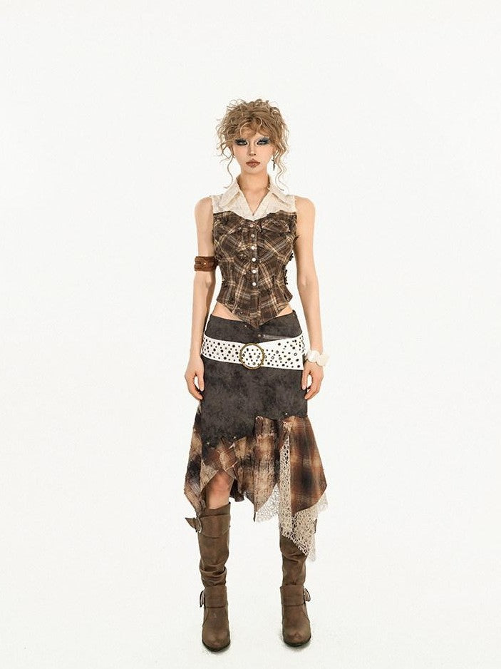 Nico Molly Brown Plaid Patchwork Grunge Sleeveless Lapel Slim Women&