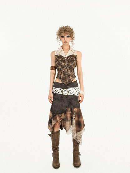 Nico Molly Brown Plaid Patchwork Grunge Sleeveless Lapel Slim Women&