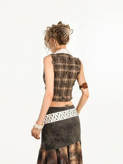 Nico Molly Brown Plaid Patchwork Grunge Sleeveless Lapel Slim Women&