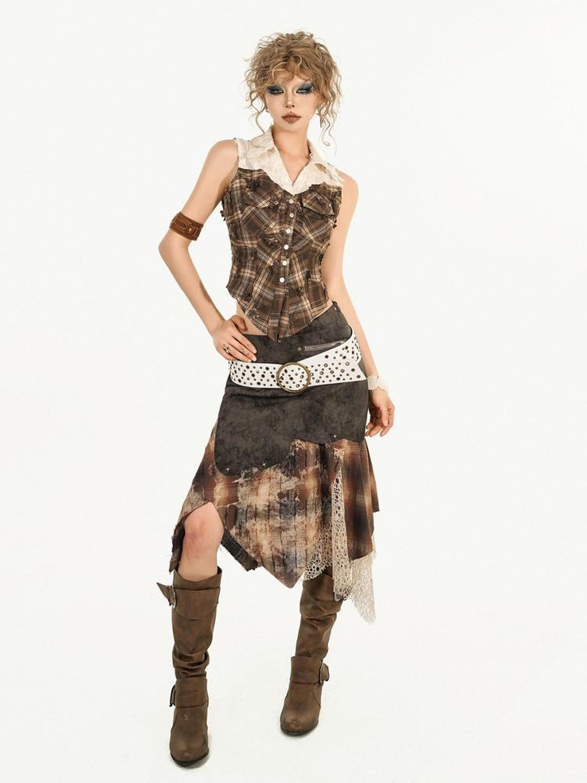Nico Molly Brown Plaid Patchwork Grunge Sleeveless Lapel Slim Women&