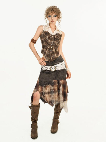 Nico Molly Brown Plaid Patchwork Grunge Sleeveless Lapel Slim Women&