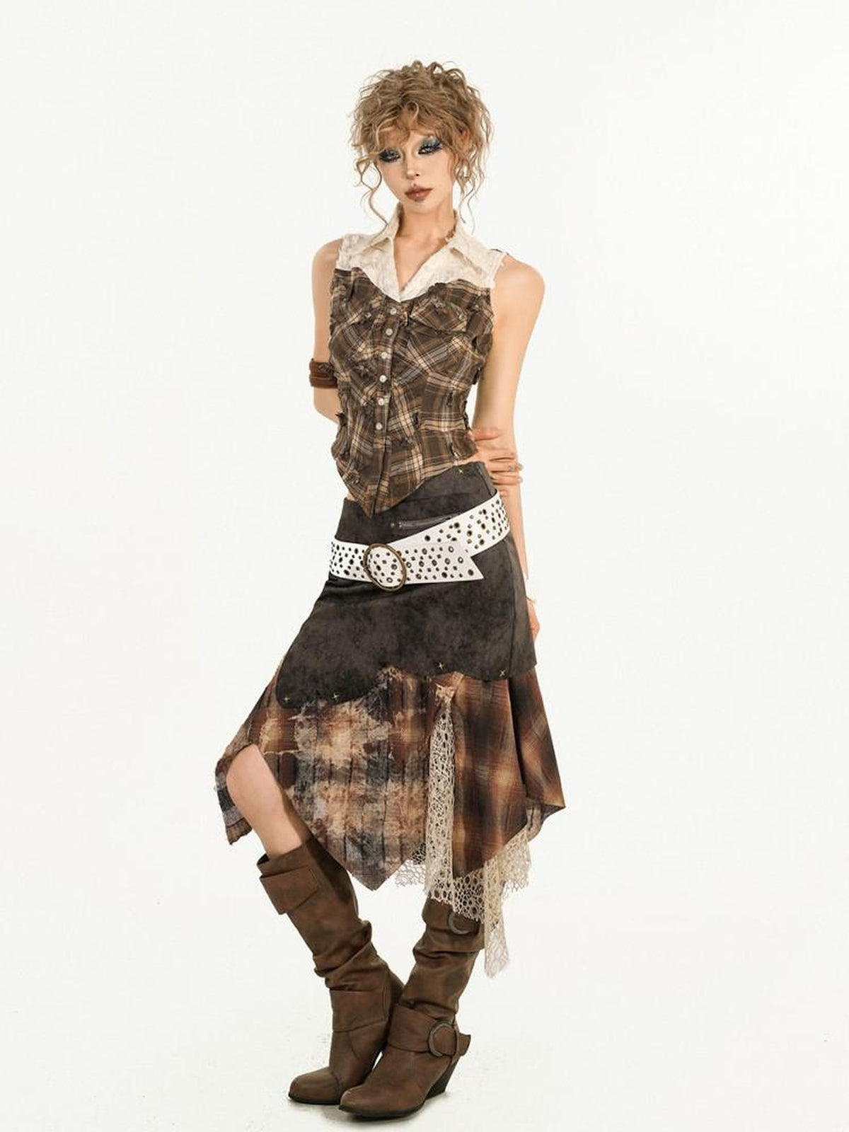 Nico Molly Brown Plaid Patchwork Grunge Sleeveless Lapel Slim Women&
