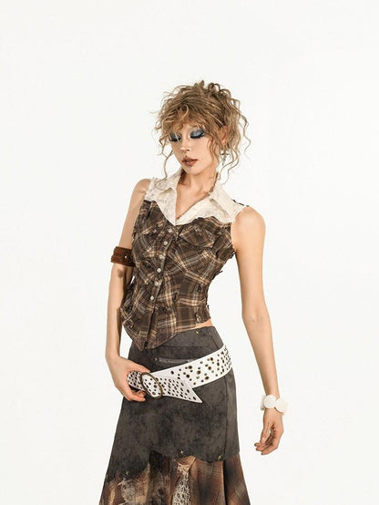 Nico Molly Brown Plaid Patchwork Grunge Sleeveless Lapel Slim Women&