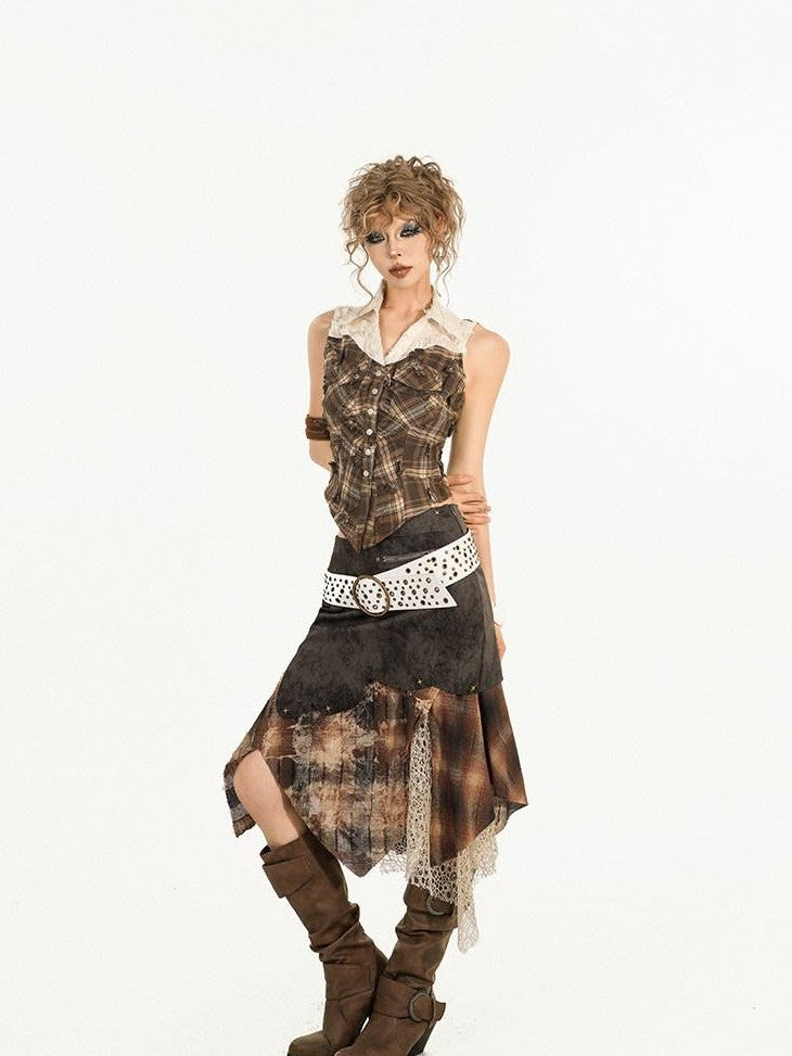 Nico Molly Brown Plaid Patchwork Grunge Sleeveless Lapel Slim Women&