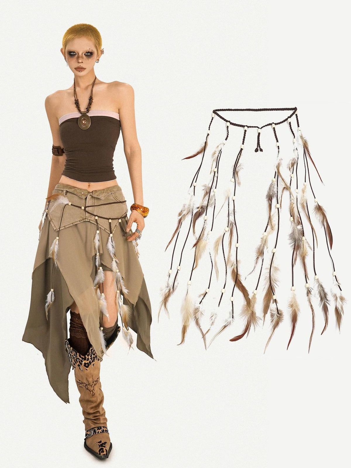 Nico Molly Brown Vintage Ethnic Handmade Braided Tassel Beaded Fur Trim Women&