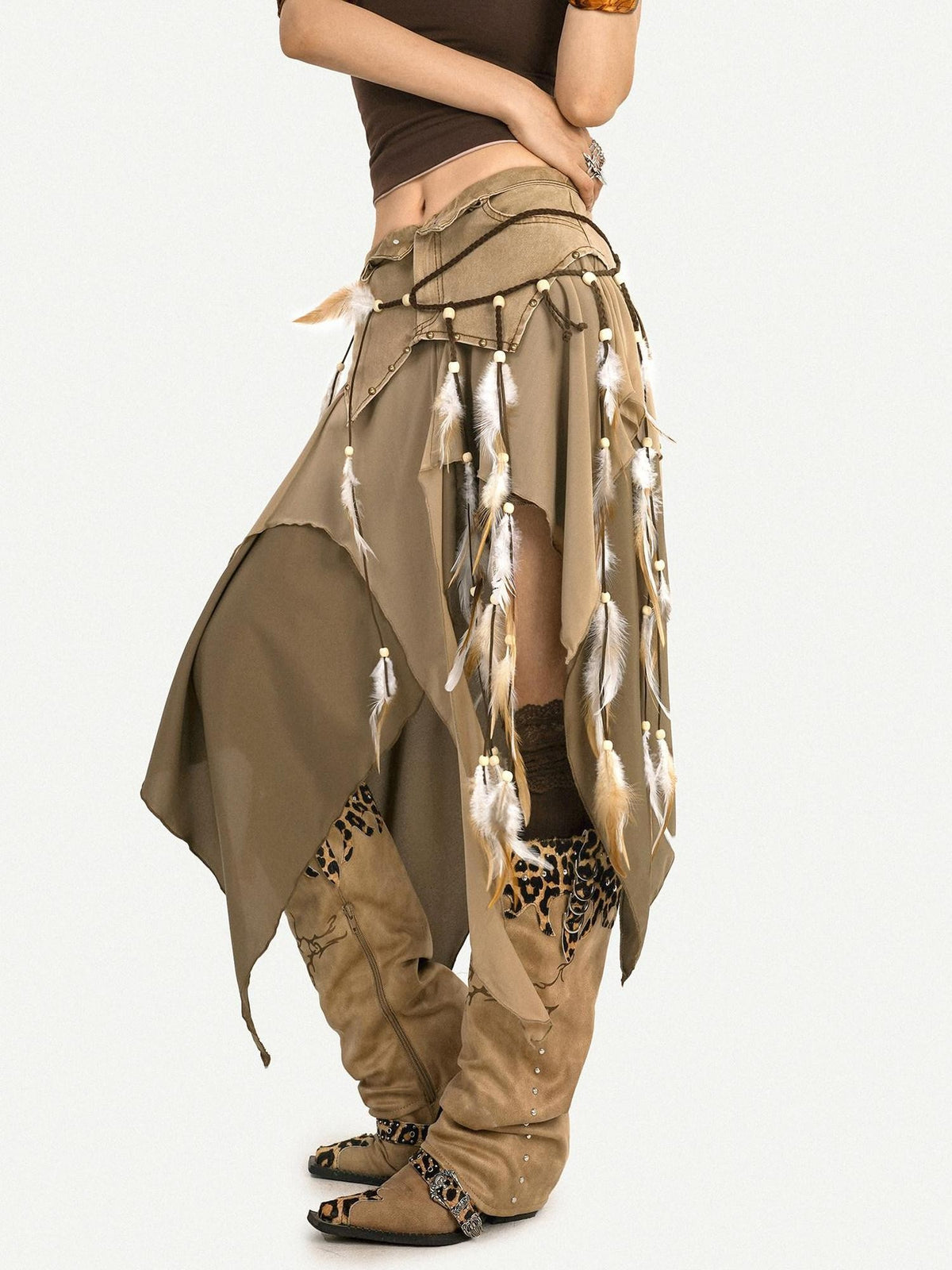 Nico Molly Brown Vintage Ethnic Handmade Braided Tassel Beaded Fur Trim Women&