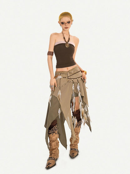 Nico Molly Brown Vintage Ethnic Handmade Braided Tassel Beaded Fur Trim Women&
