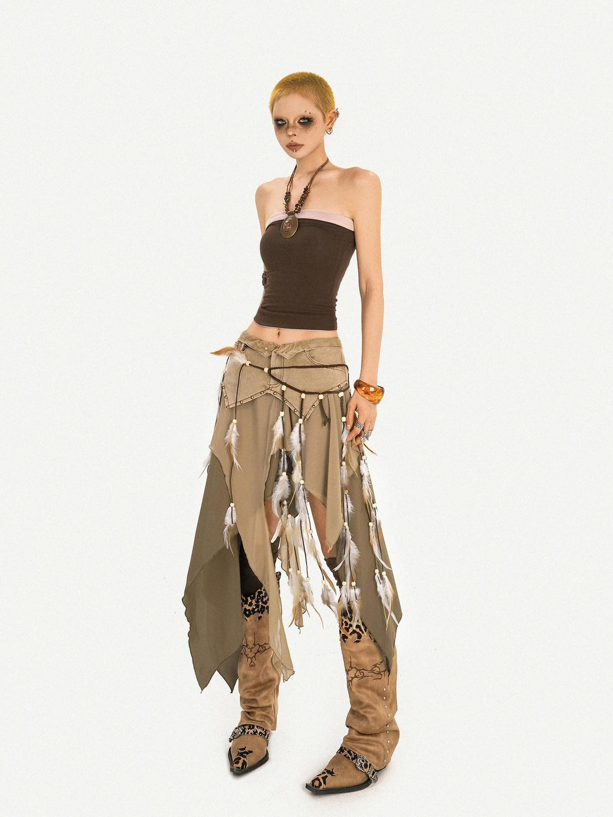 Nico Molly Brown Vintage Ethnic Handmade Braided Tassel Beaded Fur Trim Women&